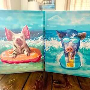 2 pigs surfing pictures. Size 14 x11. Come as a set.